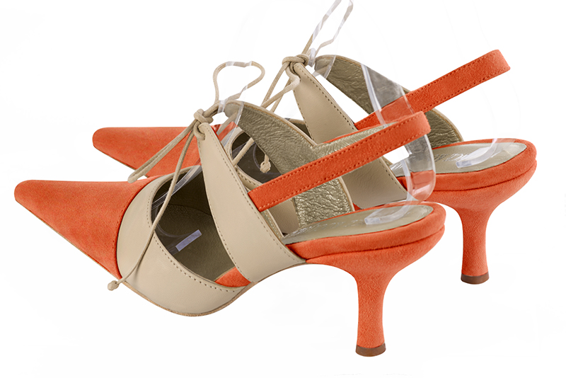 Clementine orange and champagne beige women's open back shoes, with an instep strap. Pointed toe. High slim heel. Rear view - Florence KOOIJMAN